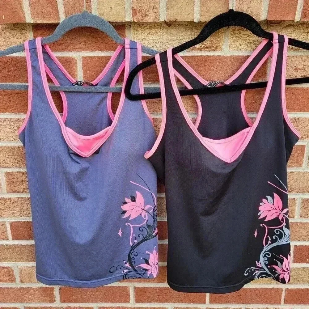 SOFO Tankini Top Women's Size Large Lot of 2 Grey and Black Built in Bra